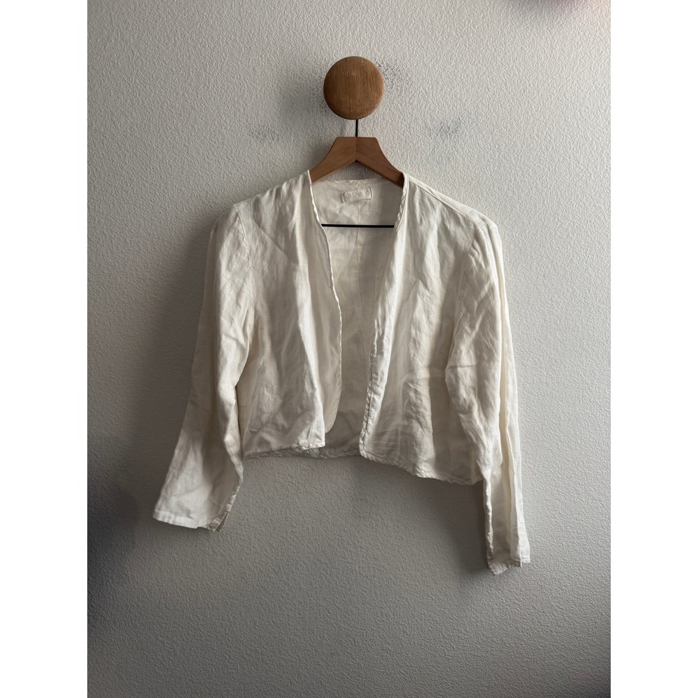 CP Shades White 100% Linen Cropped Open Front Cardigan Jacket Made in USA Small